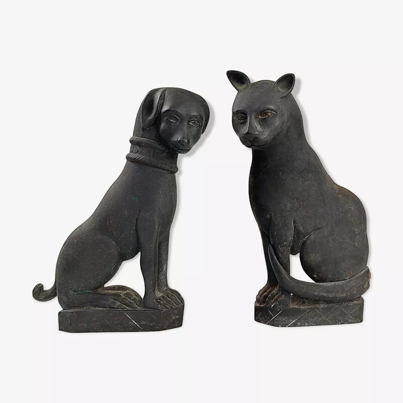 Paire de chenets vintage "Chat et chien" en bronze