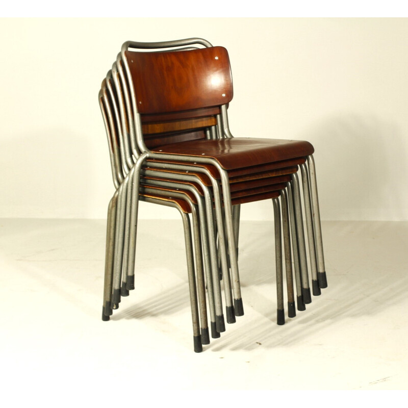 Conjunto de 6 cadeiras de jantar vintage modelo 106 em metal cinzento e contraplacado por W. H. Gispen, 1950