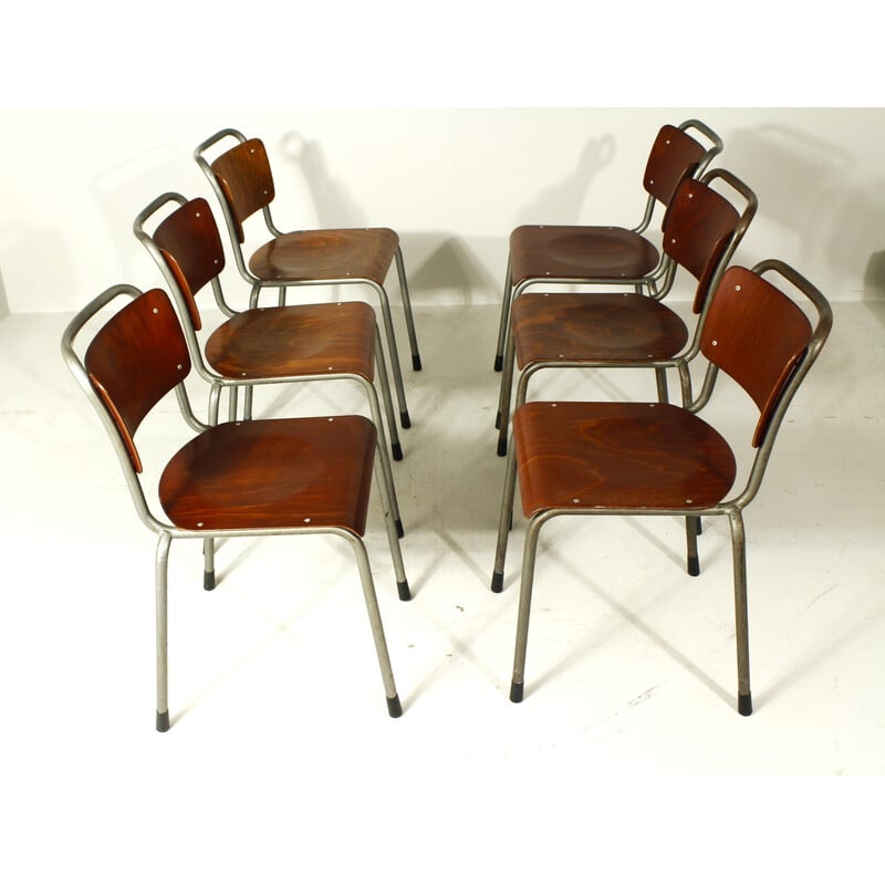 Ensemble de 6 chaises à repas vintage modèle 106 en métal gris et contreplaqué par W. H. Gispen, 1950