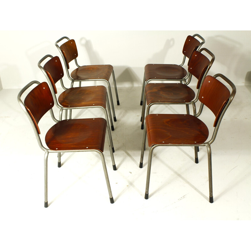 Juego de 6 sillas de comedor vintage modelo 106 en metal gris y madera contrachapada de W. H. Gispen, 1950