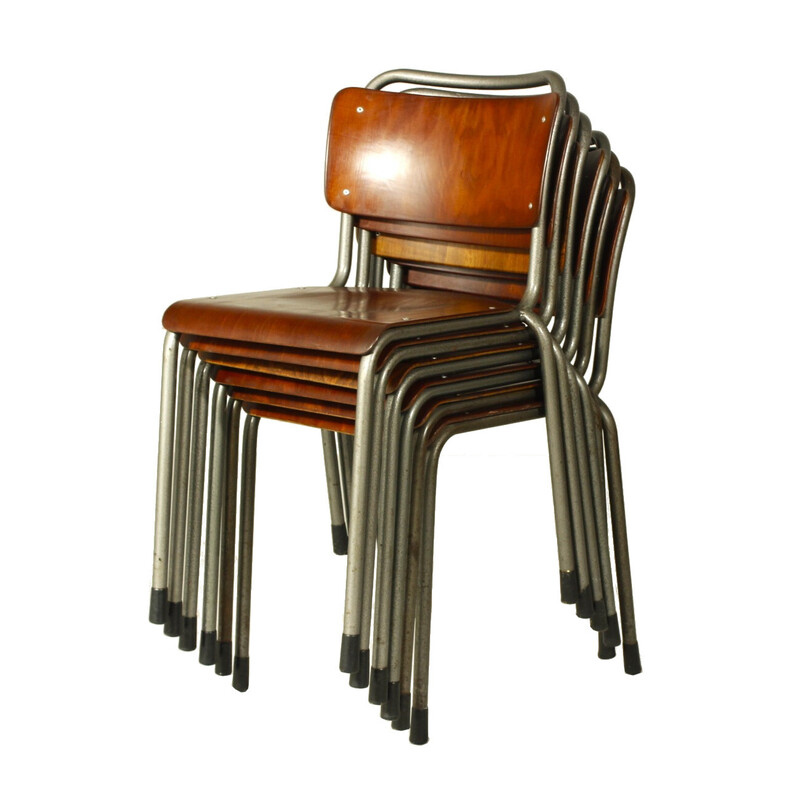Ensemble de 6 chaises à repas vintage modèle 106 en métal gris et contreplaqué par W. H. Gispen, 1950