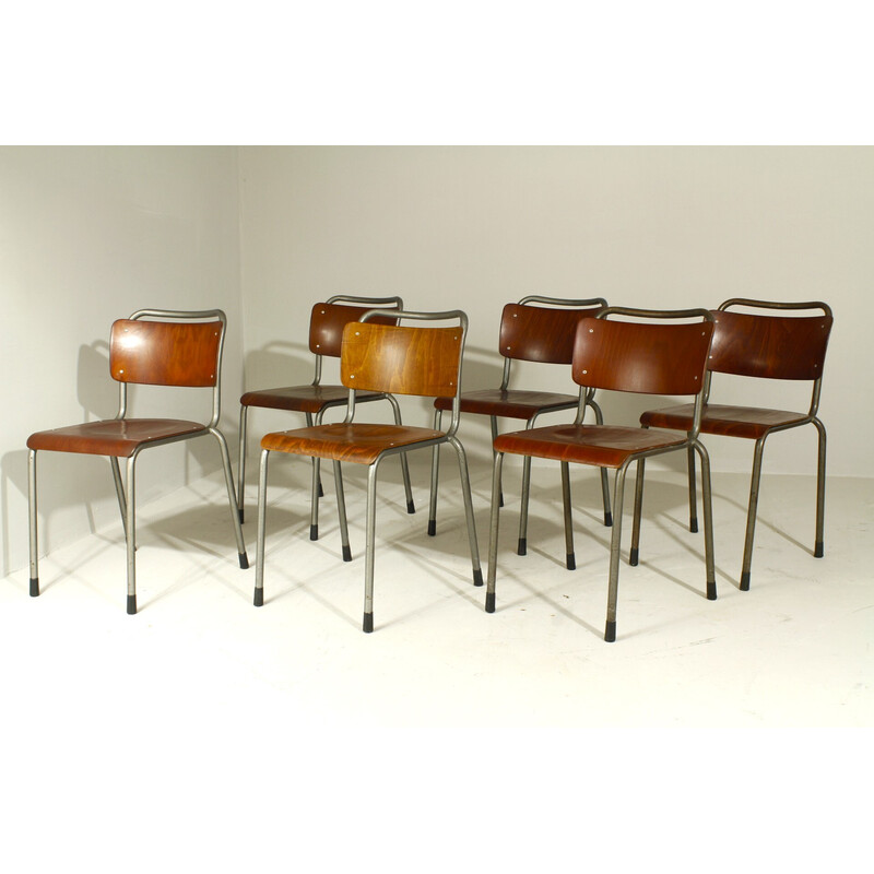 Set van 6 vintage eetkamerstoelen model 106 in grijs metaal en multiplex van W. H. Gispen, 1950