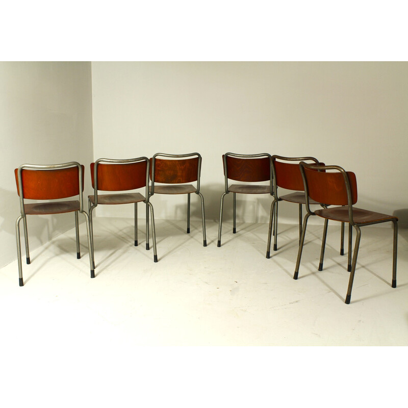 Satz von 6 Esszimmerstühlen Modell 106 aus grauem Metall und Sperrholz von W. H. Gispen, 1950