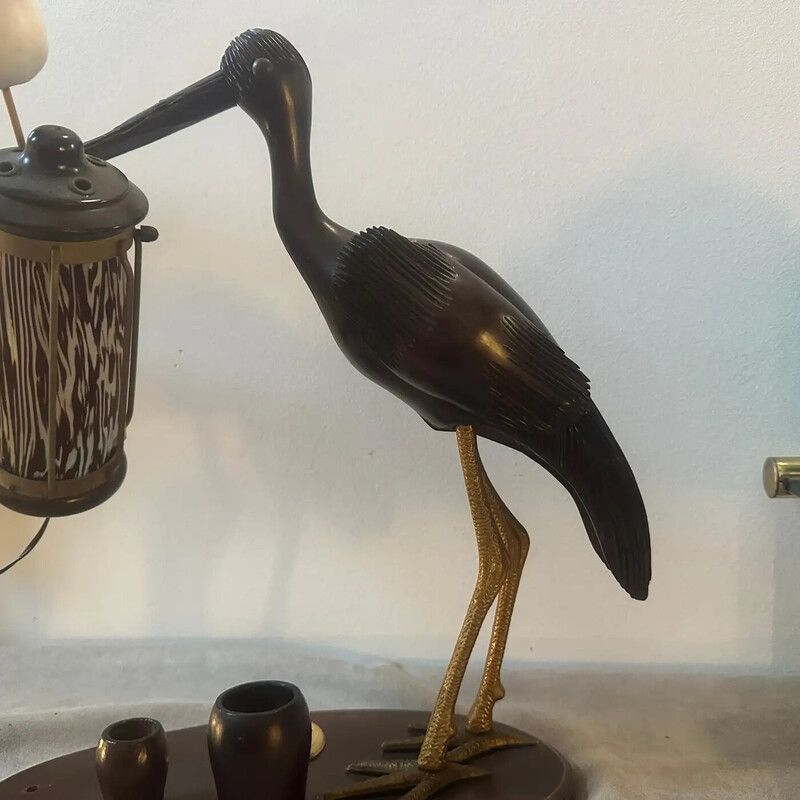 Vintage modern wooden heron table lamp by Aldo Tura for Macabo, 1950