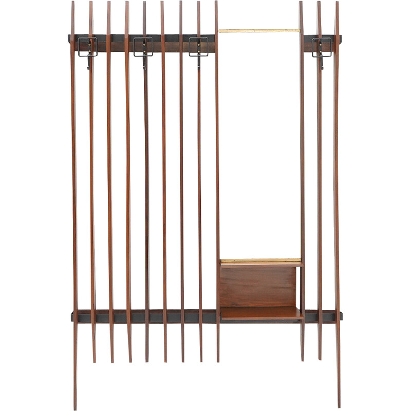Vintage wall-mounted coat rack in metal and solid wood slats with mirror by Georges Coslin for 3V, Italy 1960