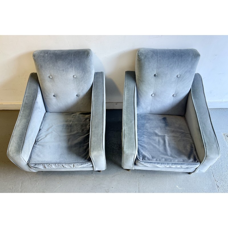 Paire de fauteuils vintage en velours bleu, 1950