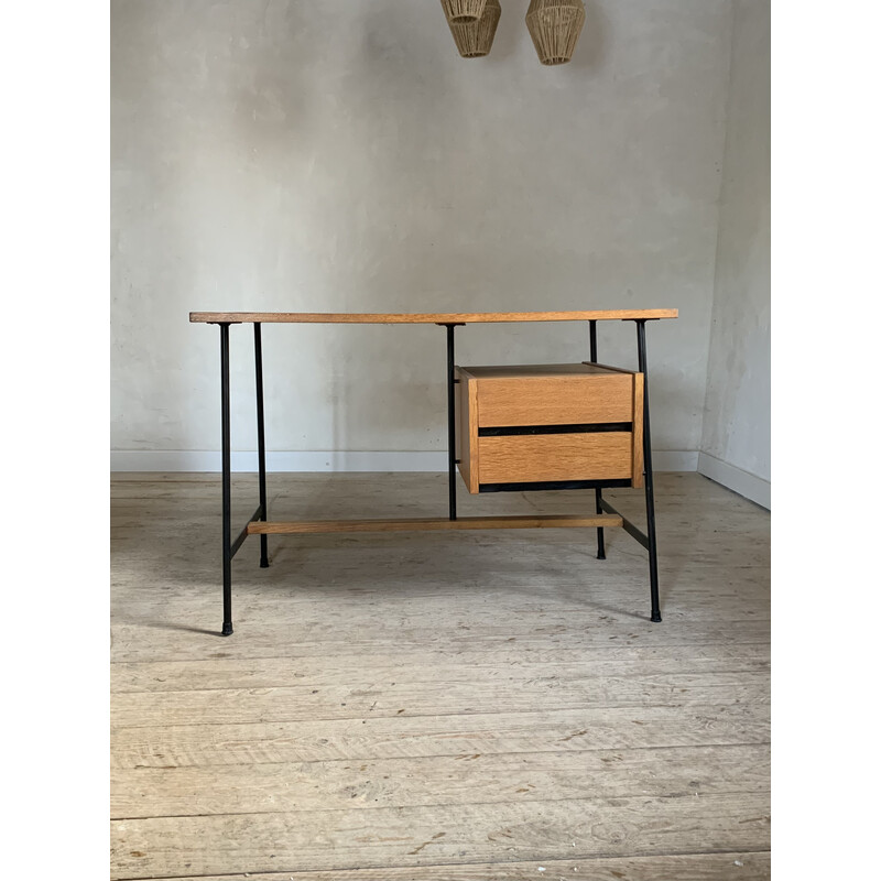 Bureau vintage en chêne et métal