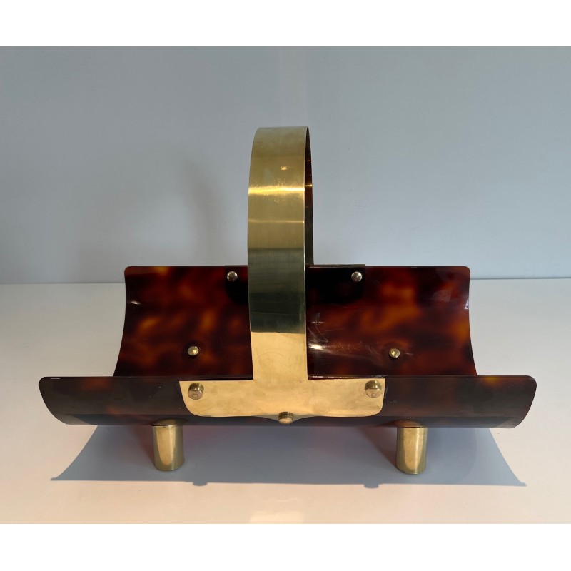 Vintage log holder in plexiglass and brass, France 1970