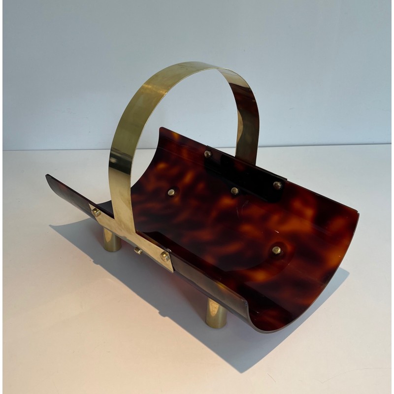 Vintage log holder in plexiglass and brass, France 1970