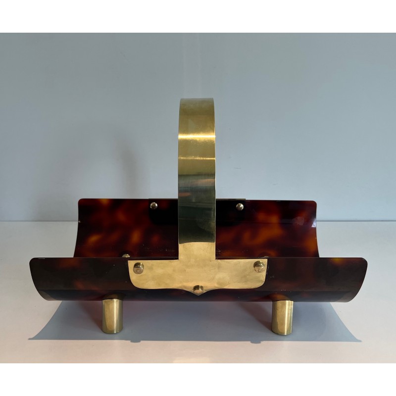 Vintage log holder in plexiglass and brass, France 1970