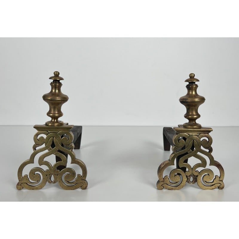 Pair of vintage andirons in chiseled bronze and wrought iron, France