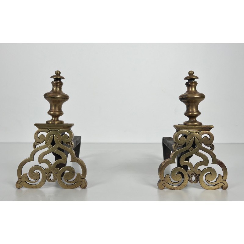 Pair of vintage andirons in chiseled bronze and wrought iron, France