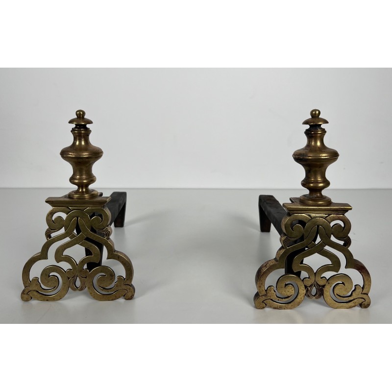 Pair of vintage andirons in chiseled bronze and wrought iron, France