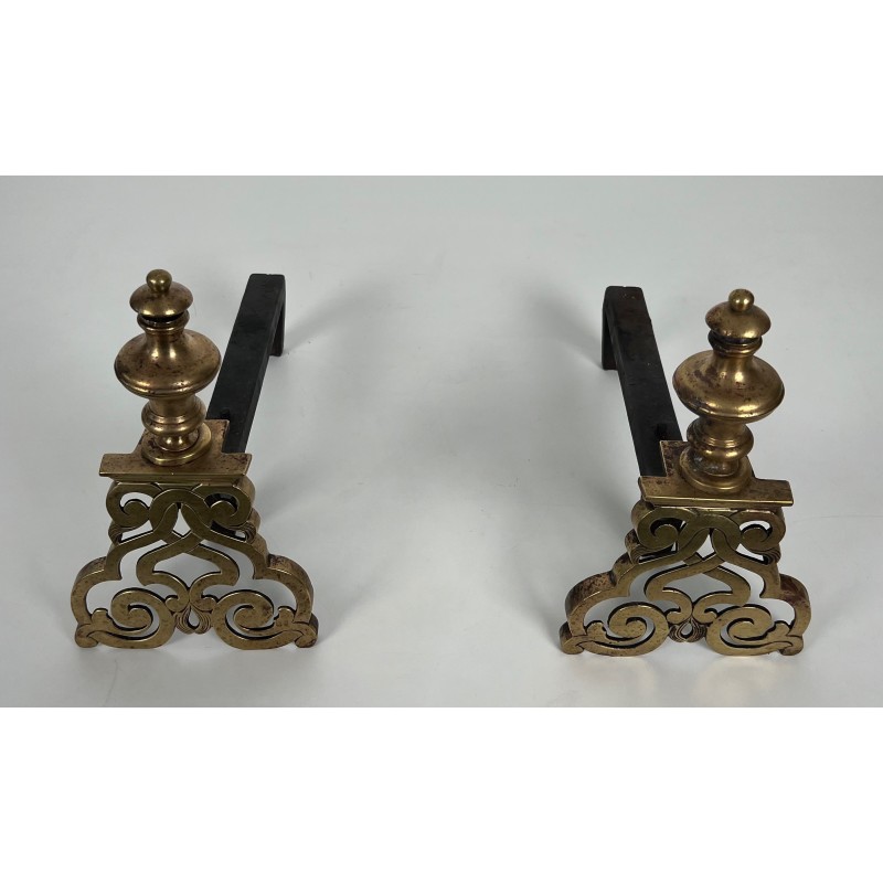 Pair of vintage andirons in chiseled bronze and wrought iron, France