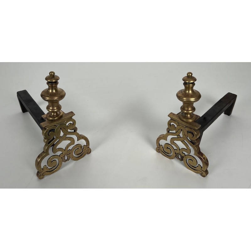 Pair of vintage andirons in chiseled bronze and wrought iron, France