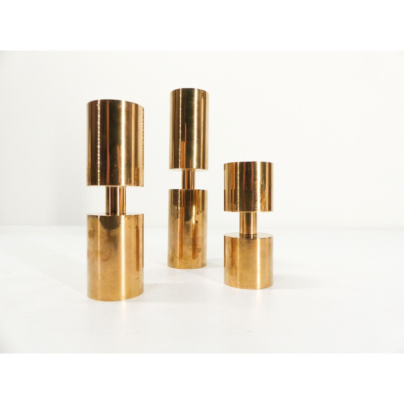 Set of 3 solid brass vintae candlestick by Thelma Zoega, Sweden 1976
