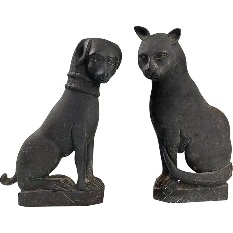 Pair of vintage bronze “Cat and Dog” andirons