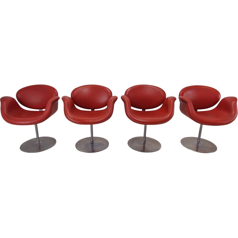 Set of 4 vintage Tulipe armchairs in solid metal and wood by Pierre Paulin for Artifort, Netherlands 1980