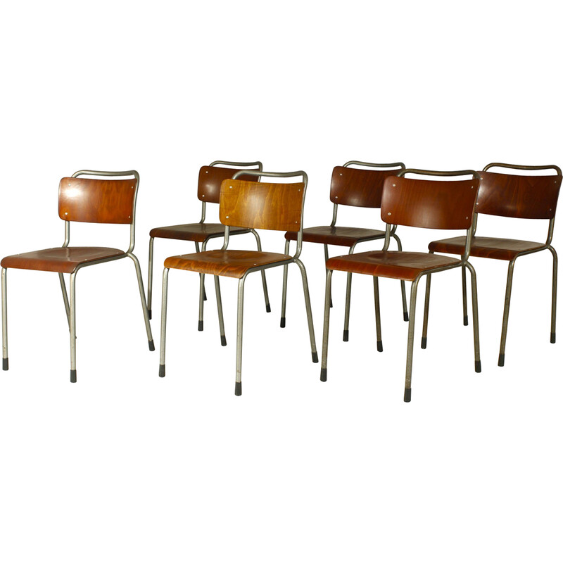 Set di 6 sedie da pranzo vintage modello 106 in metallo grigio e compensato di W. H. Gispen, 1950