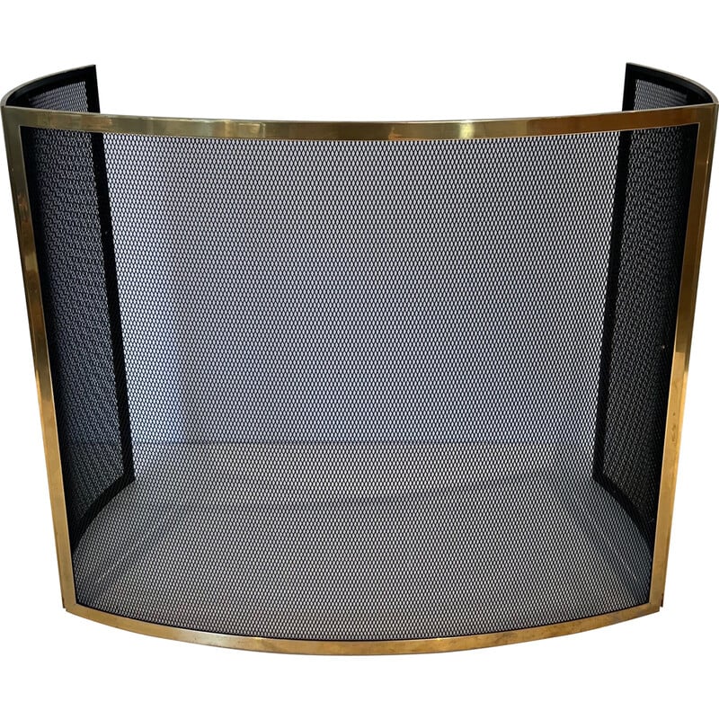 Vintage curved fire screen in brass and mesh, France 1970