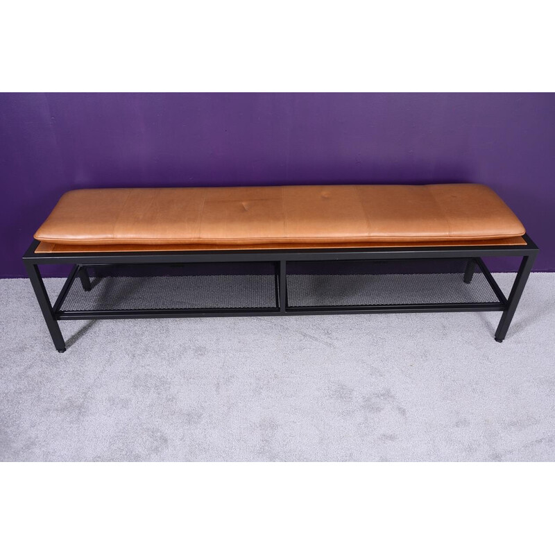 Vintage bench in black lacquered openwork metal, 1980