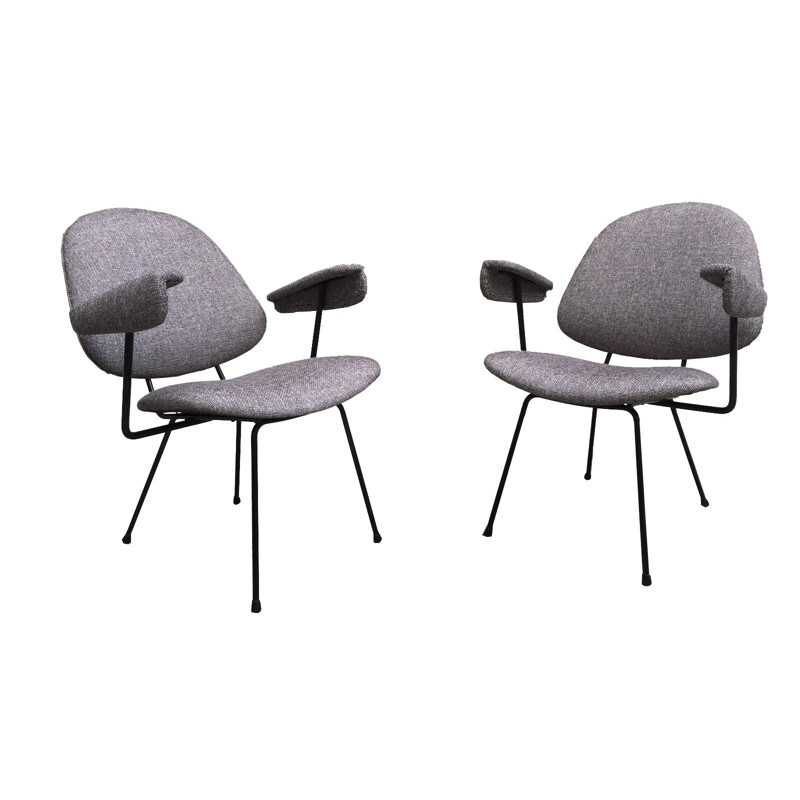 Pair of grey metal and fabric armchairs by Willem GISPEN - 1950s