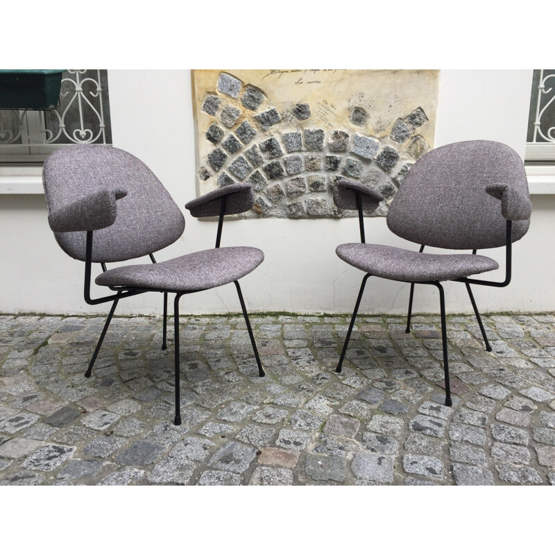 Pair of grey metal and fabric armchairs by Willem GISPEN - 1950s