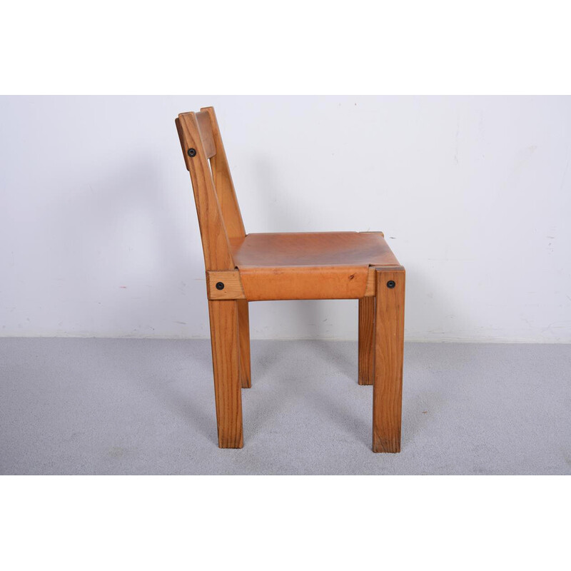 S24 vintage stoel in massief iepenhout en leer van Pierre Chapo, 1967