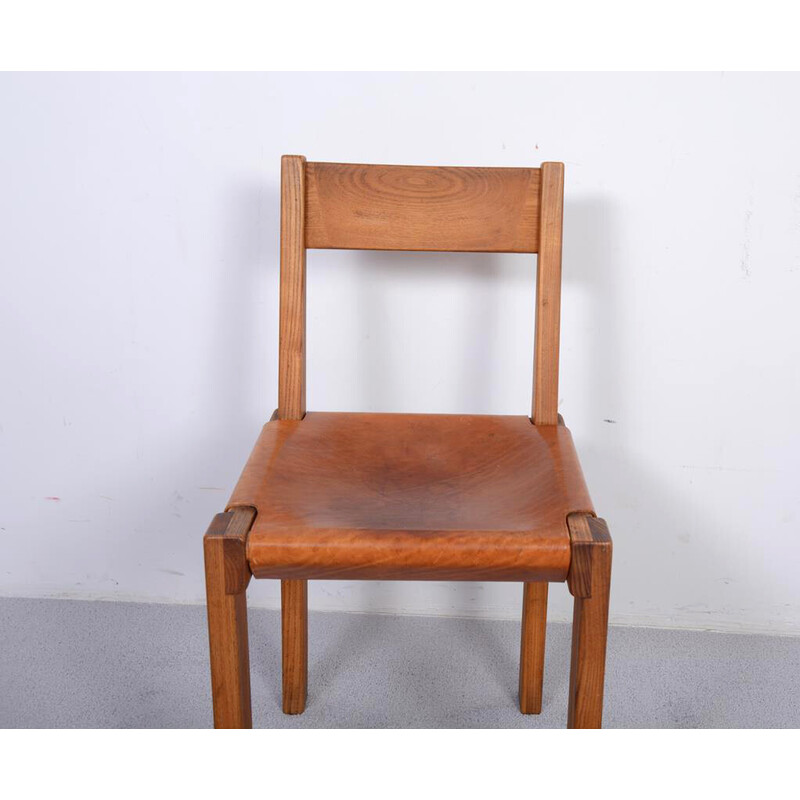 S24 cadeira vintage em olmo maciço e couro de Pierre Chapo, 1967