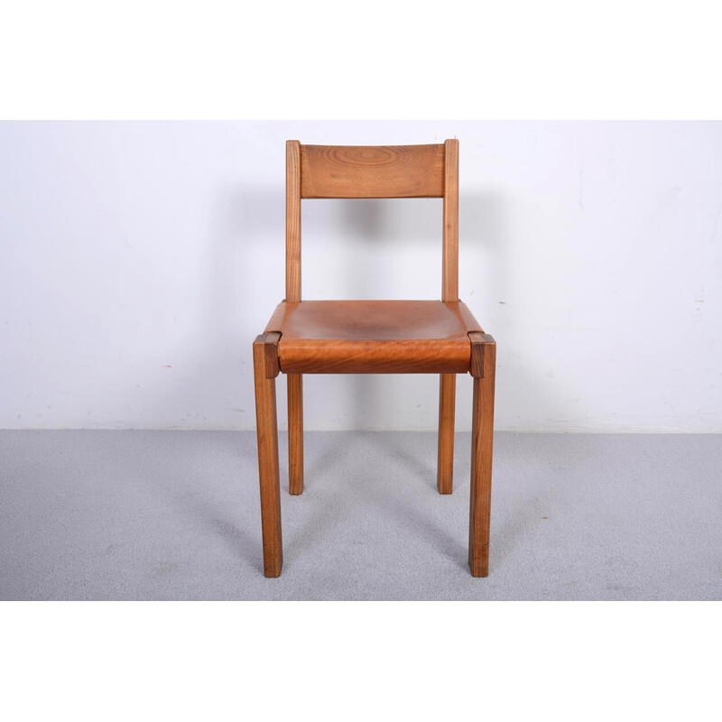 Vintage S24 chair in solid elm and leather by Pierre Chapo, 1967
