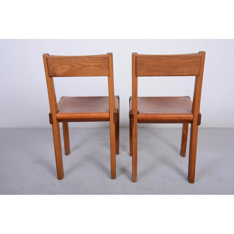 Pair of vintage model S24 chairs in solid elm and leather by Pierre Chapo, 1967