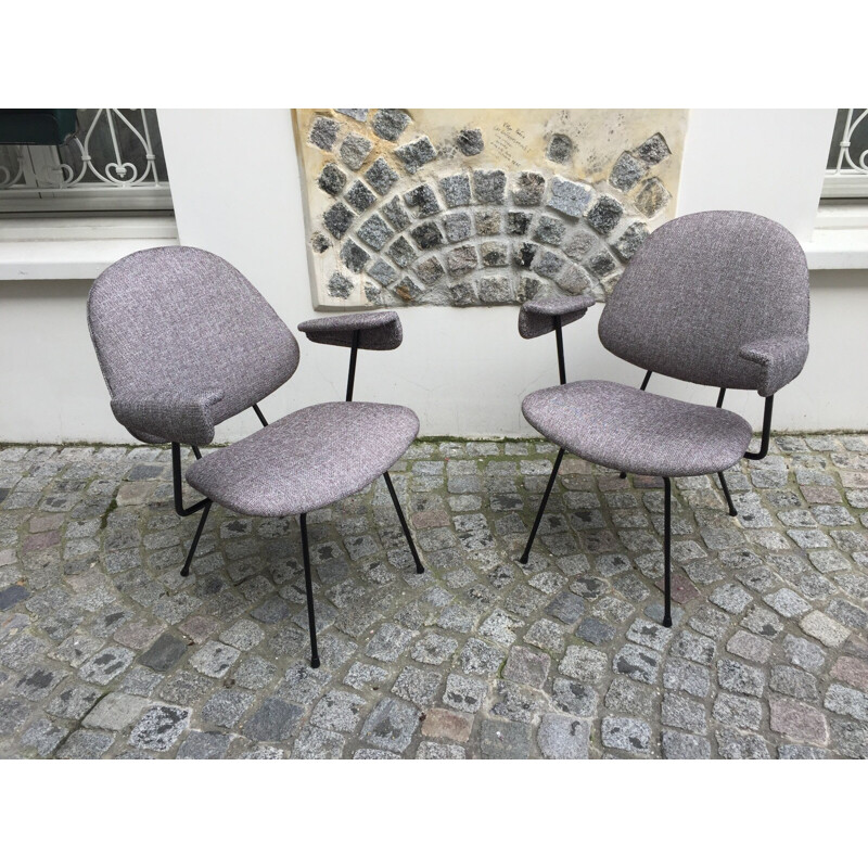 Pair of grey metal and fabric armchairs by Willem GISPEN - 1950s