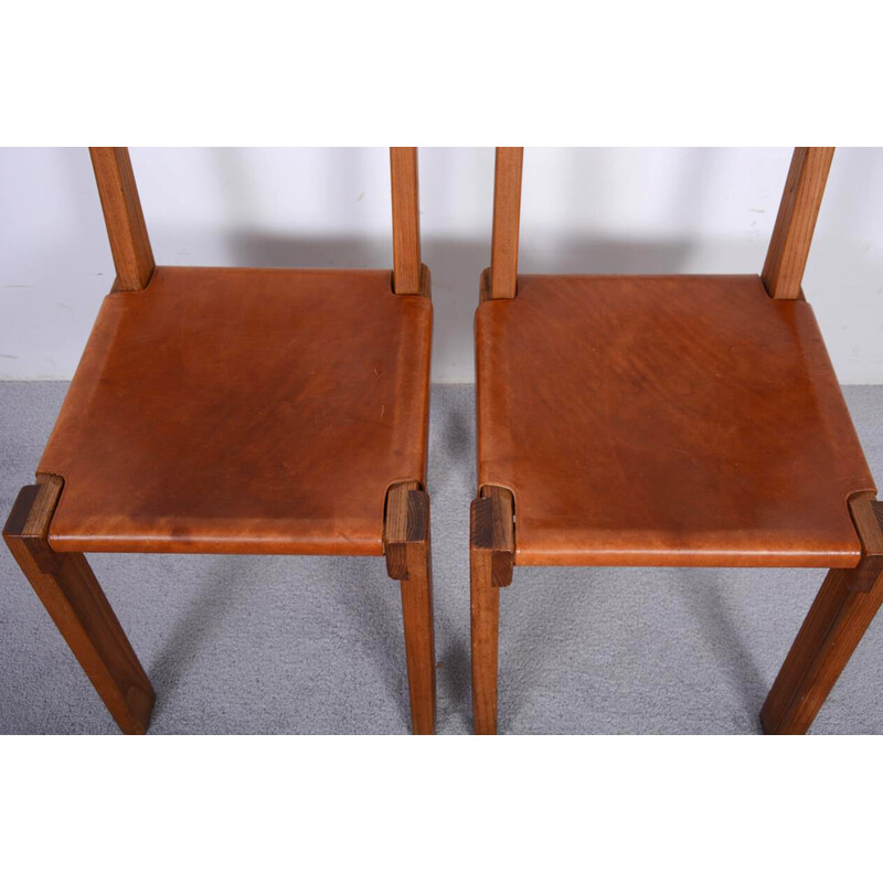 Pair of vintage model S24 chairs in solid elm and leather by Pierre Chapo, 1967