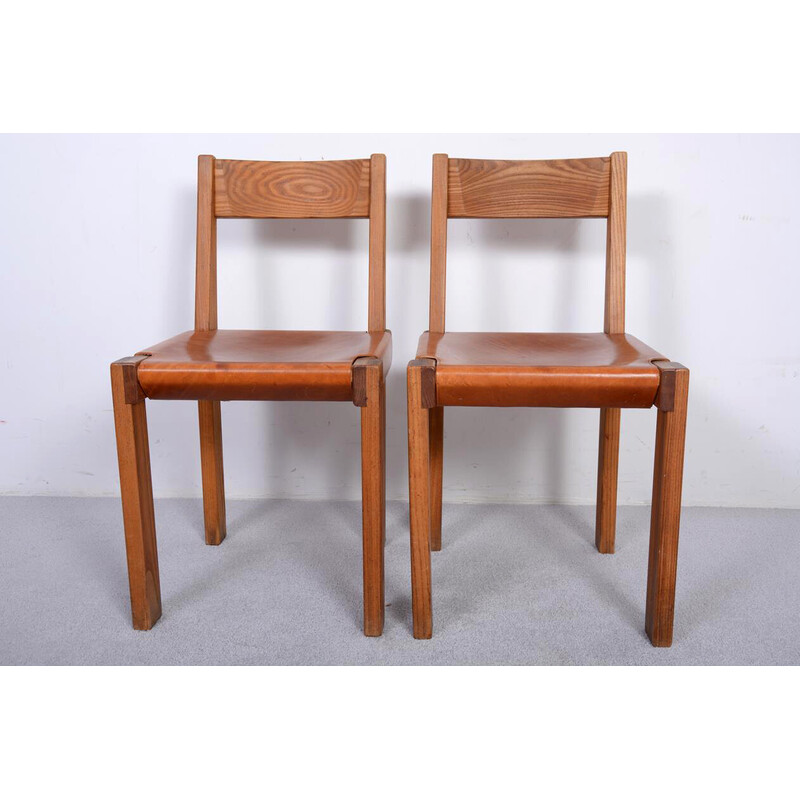 Pair of vintage model S24 chairs in solid elm and leather by Pierre Chapo, 1967