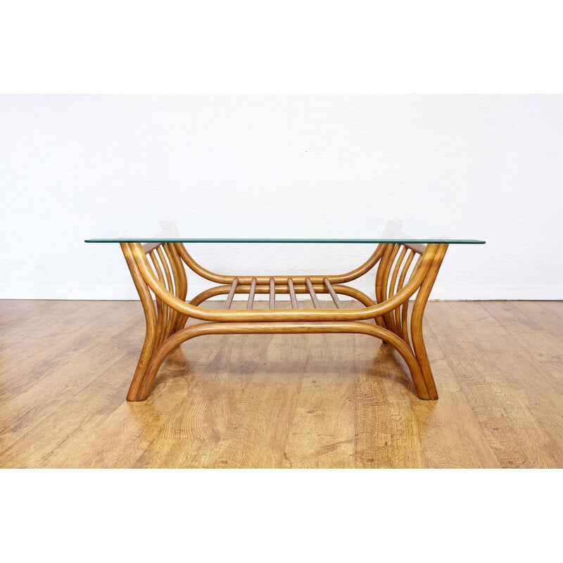 Vintage glass and rattan coffee table, Italy 1970