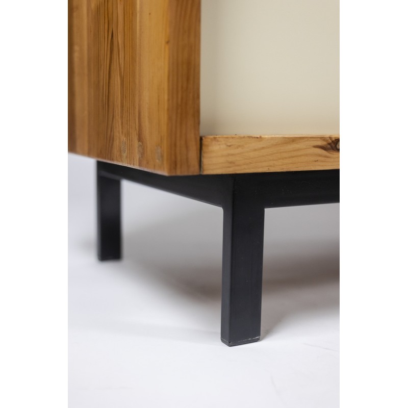 Vintage rectangular sideboard in solid pitch pine and black lacquered metal, Netherlands 1970