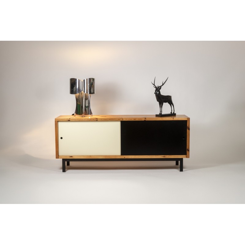Vintage rectangular sideboard in solid pitch pine and black lacquered metal, Netherlands 1970