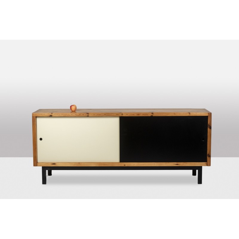 Vintage rectangular sideboard in solid pitch pine and black lacquered metal, Netherlands 1970