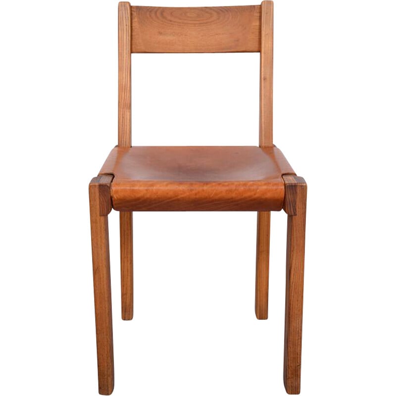 Vintage S24 chair in solid elm and leather by Pierre Chapo, 1967
