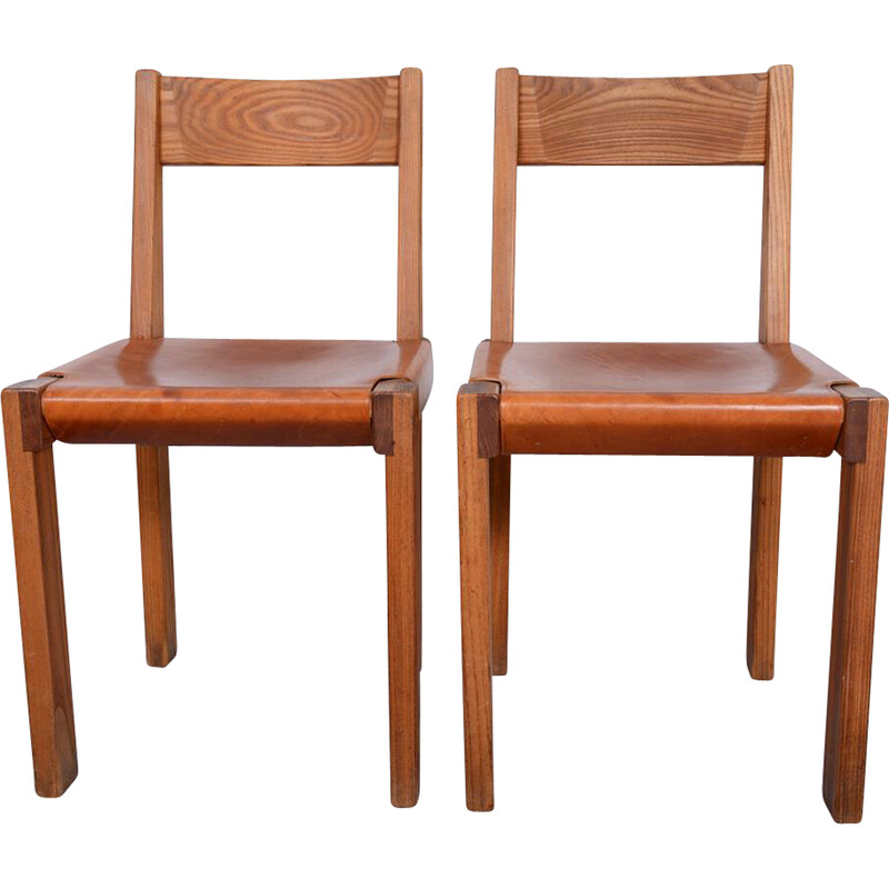 Paar vintage stoelen model S24 in massief iepenhout en leer door Pierre Chapo, 1967