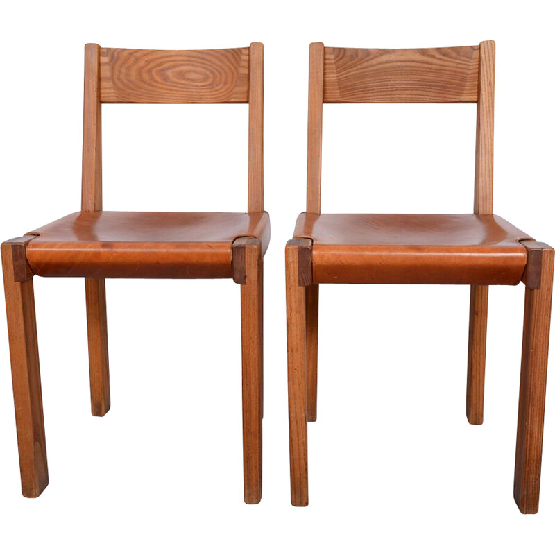 Pair of vintage model S24 chairs in solid elm and leather by Pierre Chapo, 1967