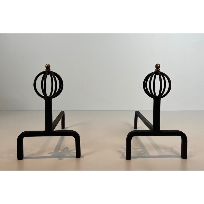 Pair of vintage wrought iron andirons, France 1940