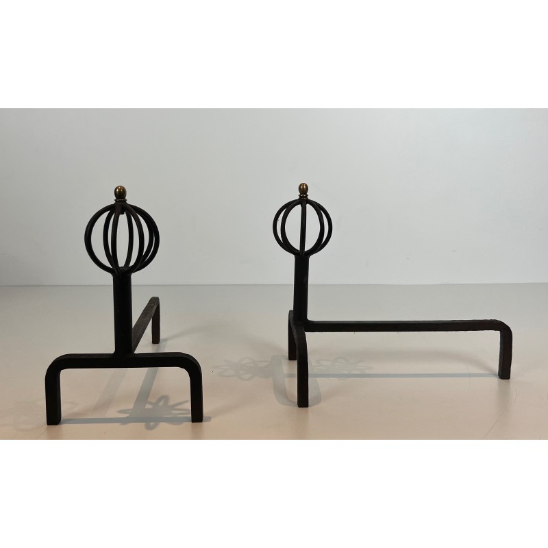Pair of vintage wrought iron andirons, France 1940