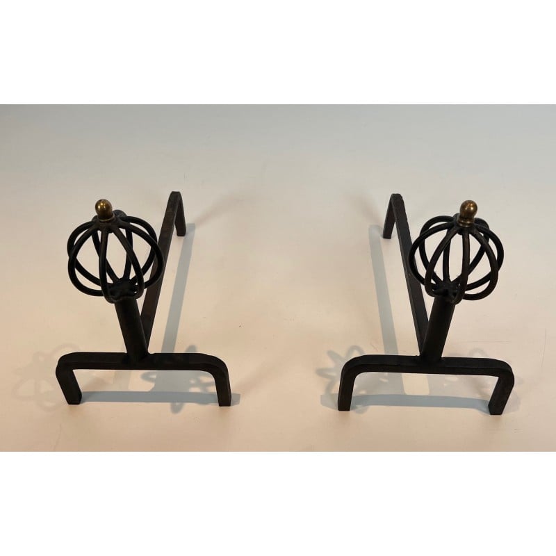 Pair of vintage wrought iron andirons, France 1940