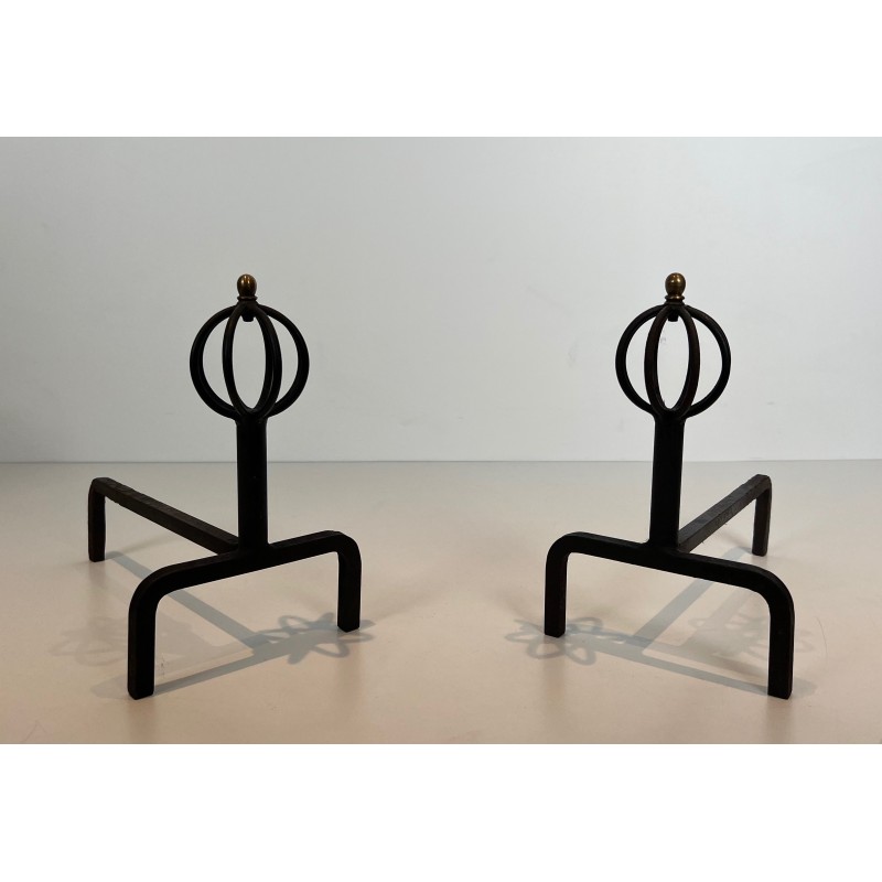 Pair of vintage wrought iron andirons, France 1940