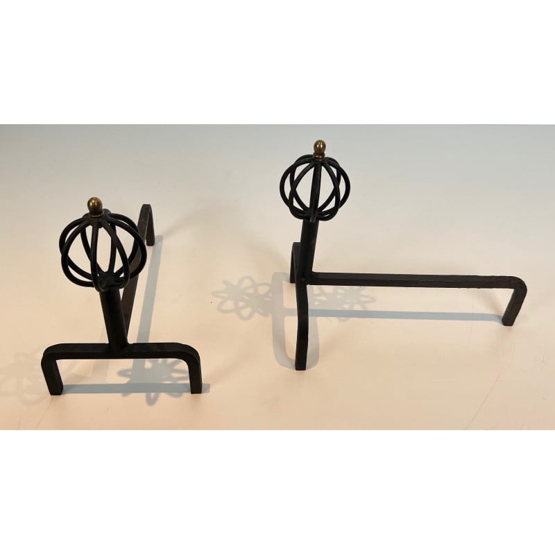 Pair of vintage wrought iron andirons, France 1940