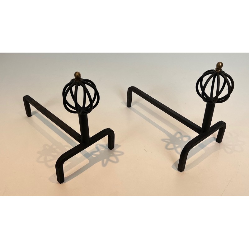 Pair of vintage wrought iron andirons, France 1940