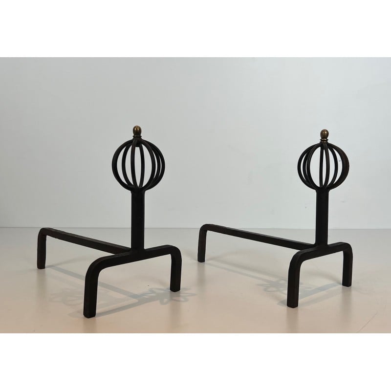 Pair of vintage wrought iron andirons, France 1940