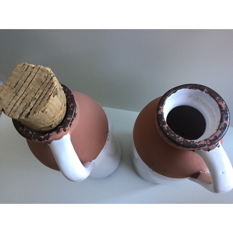 Pair of vintage enameled red terracotta pots