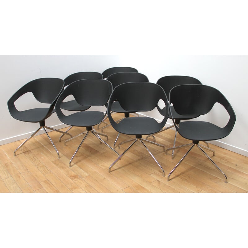 Set of 8 vintage office armchairs in chrome metal and black polypropylene by Luca Nichetto for Casaminia